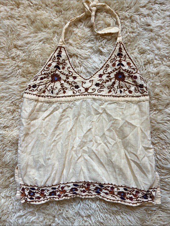 Prana Tops - Y2K Vintage Prana Embroidered Halter Neck Boho Cotton Top